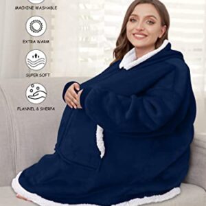 Lushforest Blanket hoodie, Oversized Wearable Blanket Hoodie Adult, Sherpa Fleece Hoodie Blanket Sweatshirt Throw with Zip for Women Men Dark Blue