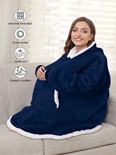 Lushforest Blanket hoodie, Oversized Wearable Blanket Hoodie Adult, Sherpa Fleece Hoodie Blanket Sweatshirt Throw with Zip for Women Men Dark Blue