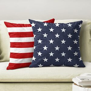 Gohdiwh 4th of July Throw Pillow Cover, 20x20 Inch Set of 2 Red Stripes Blue Stars Patriotic Decorative Outdoor Cushion Cover Memorial Independence Day Pillow Cases Linen Farmhouse for Sofa Couch Bed