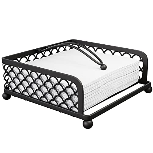 Elegant Flat Paper Napkin Holder with Dispenser Arm - Napkin Holders for Table, Kitchen, Countertops & Outdoor Tables - Square Metal Lattice Basket Dinner Napkin Holder -Napkins Dispenser (Black)