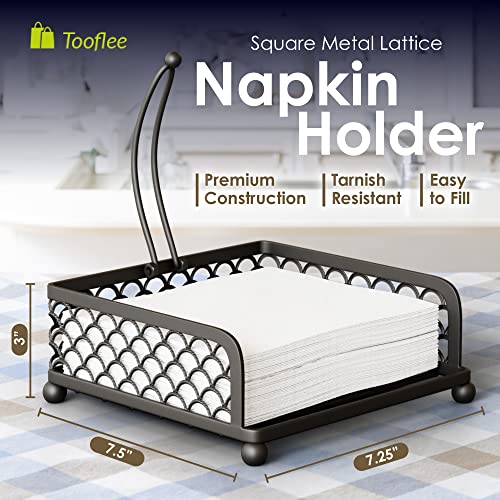 Elegant Flat Paper Napkin Holder with Dispenser Arm - Napkin Holders for Table, Kitchen, Countertops & Outdoor Tables - Square Metal Lattice Basket Dinner Napkin Holder -Napkins Dispenser (Black)