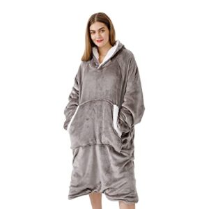 sivio blanket sweatshirt, plush flannel sherpa wearable blanket with sleeves and giant pocket, oversized hoodie for women and men, grey