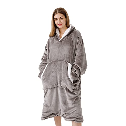 Sivio Blanket Sweatshirt, Plush Flannel Sherpa Wearable Blanket with Sleeves and Giant Pocket, Oversized Hoodie for Women and Men, Grey