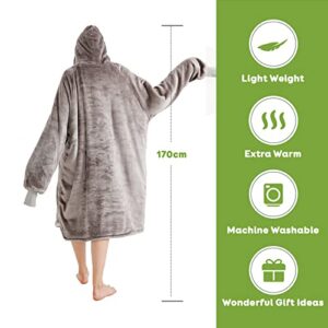 Sivio Blanket Sweatshirt, Plush Flannel Sherpa Wearable Blanket with Sleeves and Giant Pocket, Oversized Hoodie for Women and Men, Grey