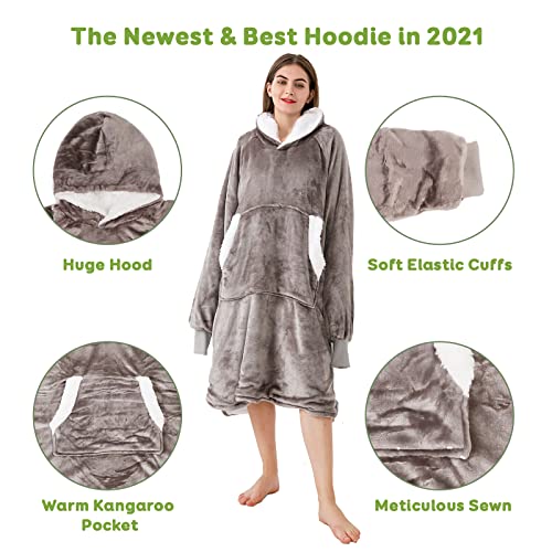 Sivio Blanket Sweatshirt, Plush Flannel Sherpa Wearable Blanket with Sleeves and Giant Pocket, Oversized Hoodie for Women and Men, Grey