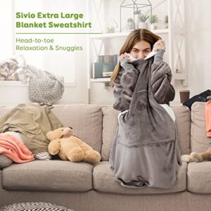 Sivio Blanket Sweatshirt, Plush Flannel Sherpa Wearable Blanket with Sleeves and Giant Pocket, Oversized Hoodie for Women and Men, Grey