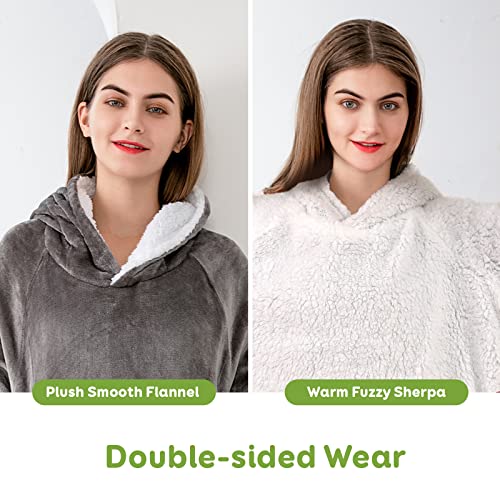 Sivio Blanket Sweatshirt, Plush Flannel Sherpa Wearable Blanket with Sleeves and Giant Pocket, Oversized Hoodie for Women and Men, Grey