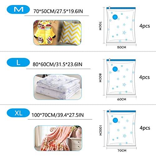 Vacuum Storage Bags, Reusable Compression Space Saver Bags, 12 Pack, 4 X Medium, 4 X Large, 4 X Extra Large, With Free Hand Pump, for Travel, Clothes, Mattress, Blanket, Pillows, Comforters