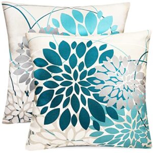 teal blue decorative throw pillow covers 18x18 inch pillow covers for couch living room bedroom outdoor,modern sofa throw pillow cover,farmhouse geometric floral linen square pillow case,set of 2