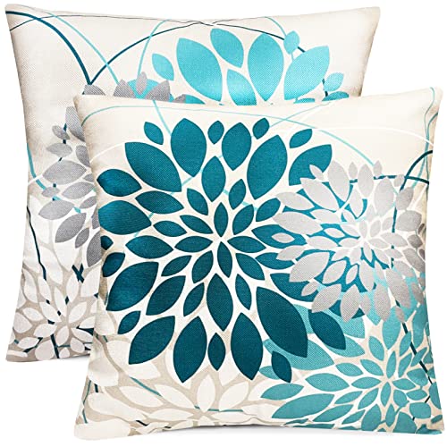 Teal Blue Decorative Throw Pillow Covers 18x18 Inch Pillow Covers for Couch Living Room Bedroom Outdoor,Modern Sofa Throw Pillow Cover,Farmhouse Geometric Floral Linen Square Pillow Case,Set of 2