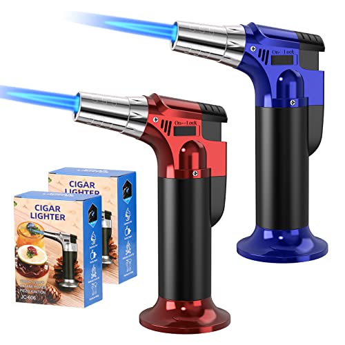 2 Pack Butane Torches Culinary Blow Torch Lighter, Refillable Kitchen Cooking Torch with Safety Lock Adjustable Flame for BBQ, Creme Brulee, Baking, Crafts (Butane Gas not Included) (Red/Blue)