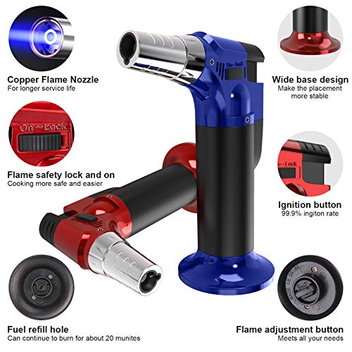 2 Pack Butane Torches Culinary Blow Torch Lighter, Refillable Kitchen Cooking Torch with Safety Lock Adjustable Flame for BBQ, Creme Brulee, Baking, Crafts (Butane Gas not Included) (Red/Blue)