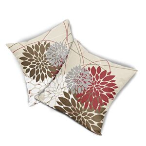 Brown Red Pillow Covers 18x18 Dahlia Flower White Gray Elegant Colored Throw Pillows Farmhouse Outdoor Decor for Home Living Room Sofa Bed Modern Floral Linen Square Cushion Case, Set of 2