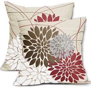 brown red pillow covers 18x18 dahlia flower white gray elegant colored throw pillows farmhouse outdoor decor for home living room sofa bed modern floral linen square cushion case, set of 2