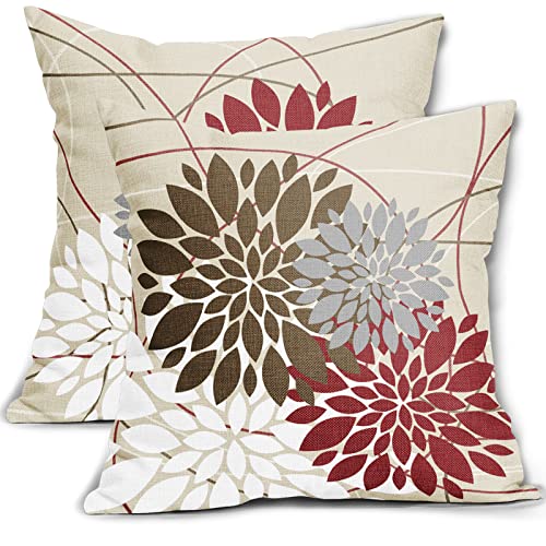 Brown Red Pillow Covers 18x18 Dahlia Flower White Gray Elegant Colored Throw Pillows Farmhouse Outdoor Decor for Home Living Room Sofa Bed Modern Floral Linen Square Cushion Case, Set of 2