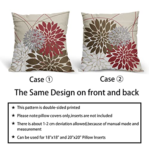 Brown Red Pillow Covers 18x18 Dahlia Flower White Gray Elegant Colored Throw Pillows Farmhouse Outdoor Decor for Home Living Room Sofa Bed Modern Floral Linen Square Cushion Case, Set of 2