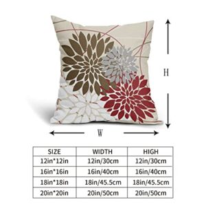 Brown Red Pillow Covers 18x18 Dahlia Flower White Gray Elegant Colored Throw Pillows Farmhouse Outdoor Decor for Home Living Room Sofa Bed Modern Floral Linen Square Cushion Case, Set of 2