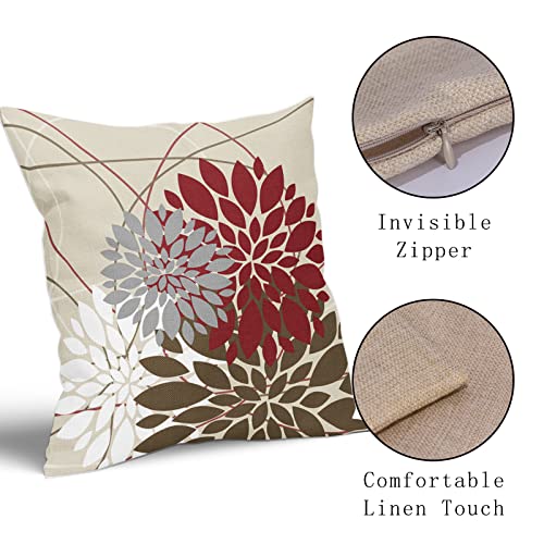 Brown Red Pillow Covers 18x18 Dahlia Flower White Gray Elegant Colored Throw Pillows Farmhouse Outdoor Decor for Home Living Room Sofa Bed Modern Floral Linen Square Cushion Case, Set of 2