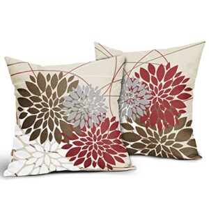 Brown Red Pillow Covers 18x18 Dahlia Flower White Gray Elegant Colored Throw Pillows Farmhouse Outdoor Decor for Home Living Room Sofa Bed Modern Floral Linen Square Cushion Case, Set of 2