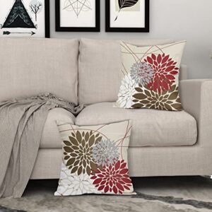 Brown Red Pillow Covers 18x18 Dahlia Flower White Gray Elegant Colored Throw Pillows Farmhouse Outdoor Decor for Home Living Room Sofa Bed Modern Floral Linen Square Cushion Case, Set of 2
