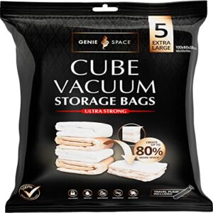 genie space - incredibly strong premium cube space saving vacuum bags | 5 x extra large (40x30x15in) | airtight & reusable | create 80% more space | for clothes, towels, bedding, duvets and more.