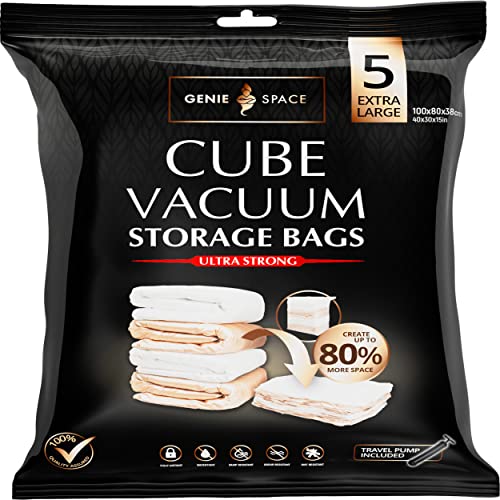 GENIE SPACE - Incredibly Strong Premium Cube Space Saving Vacuum Bags | 5 x Extra Large (40x30x15in) | Airtight & Reusable | Create 80% More Space | for Clothes, Towels, Bedding, Duvets and More.