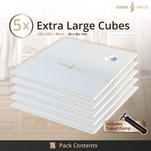 GENIE SPACE - Incredibly Strong Premium Cube Space Saving Vacuum Bags | 5 x Extra Large (40x30x15in) | Airtight & Reusable | Create 80% More Space | for Clothes, Towels, Bedding, Duvets and More.