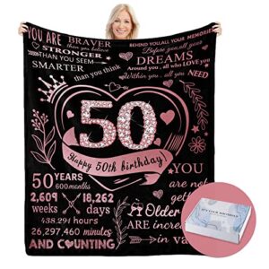 50th birthday blanket gifts for women with gift box, gifts for women turning 50, happy 50th birthday gift ideas for her, 50th birthday decorations throw blanket 60"x50" (rose)