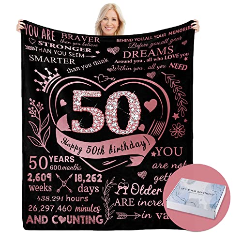 50th Birthday Blanket Gifts for Women with Gift Box, Gifts for Women Turning 50, Happy 50th Birthday Gift Ideas for Her, 50th Birthday Decorations Throw Blanket 60"x50" (Rose)