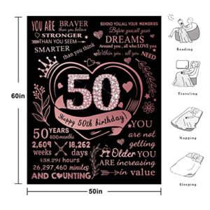 50th Birthday Blanket Gifts for Women with Gift Box, Gifts for Women Turning 50, Happy 50th Birthday Gift Ideas for Her, 50th Birthday Decorations Throw Blanket 60"x50" (Rose)