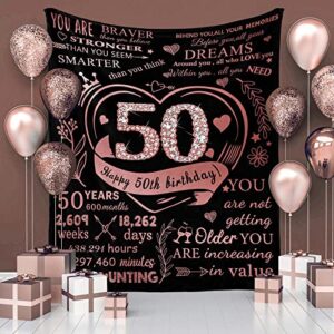 50th Birthday Blanket Gifts for Women with Gift Box, Gifts for Women Turning 50, Happy 50th Birthday Gift Ideas for Her, 50th Birthday Decorations Throw Blanket 60"x50" (Rose)