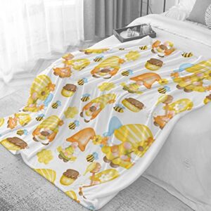 Gnome Bee Blanket Lightweight Cozy Super Soft Flannel Fleece Throw Big Twin Blankets Home Decor for Bed Living Room 80"x60" Queen for Adult