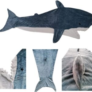 Shark Blanket Adult, Shark Wearable Blanket Hoodie, Soft Cozy Flannel Hoodie Sleeping Bag Shark Tail Wearable Fleece Throw Blanket for Kids Adults Boys Girls (83x35.5 inches/210x90 cm)