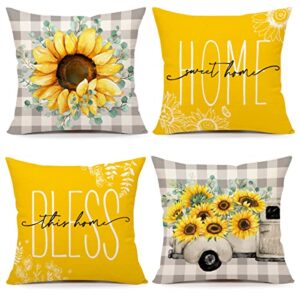 spring summer pillow covers 18x18 set of 4 sunflower decorations for farmhouse pillows home sweet home bless this home decorative throw pillows yellow gray throw cushion case for home decor th169