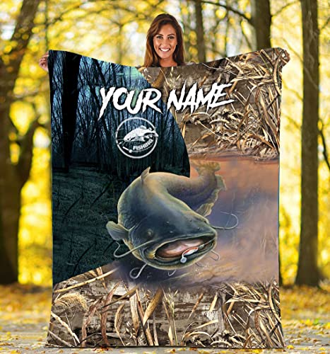 Personalized Catfish Fishing Hunting Blanket Hunting Season Fleece Throw Blanket Soft Plush Flannel Blankets Warm Fuzzy Lightweight Cozy Plush Hunting Blankets Christmas for Hunters