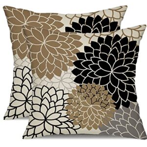 dfxsz outdoor pillow covers 18x18 inch set of 2 black brown summer floral outdoor decorative throw pillows flower pillowcase square linen cushion case decor for home sofa couch bed