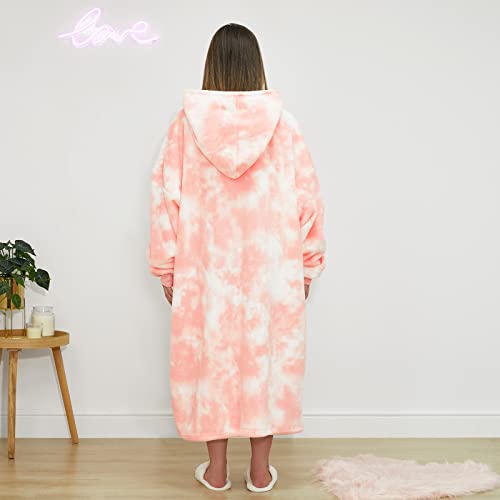 Dreamscene Extra-Long Tie Dye Oversized Hoodie Blanket Sweatshirt Soft Sherpa Fleece Throw Wearable Hooded Jumper, One Size (Blush Pink White)