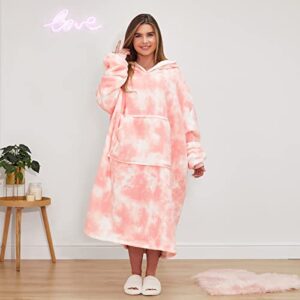 Dreamscene Extra-Long Tie Dye Oversized Hoodie Blanket Sweatshirt Soft Sherpa Fleece Throw Wearable Hooded Jumper, One Size (Blush Pink White)