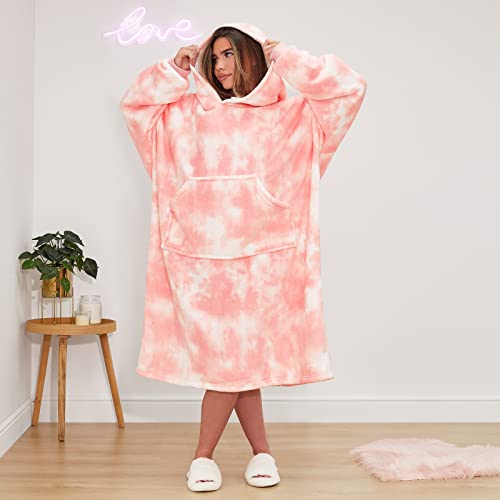 Dreamscene Extra-Long Tie Dye Oversized Hoodie Blanket Sweatshirt Soft Sherpa Fleece Throw Wearable Hooded Jumper, One Size (Blush Pink White)