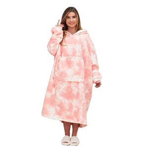 Dreamscene Extra-Long Tie Dye Oversized Hoodie Blanket Sweatshirt Soft Sherpa Fleece Throw Wearable Hooded Jumper, One Size (Blush Pink White)