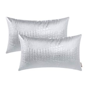 brawarm faux leather pillow covers 12 x 20 inches, silver leather pillow covers pack of 2, crocodile leather decorative lumbar throw pillows for living room couch bed sofa home