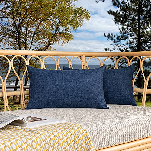 Kevin Textile Pack of 2 Decorative Outdoor Waterproof Throw Pillow Covers Checkered Lumbar Pillowcases Classic Cushion Cases for Patio Couch Bench 12 x 20 Inch Blue