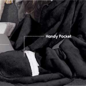 COTTEBED Black Sherpa Hoodie Women Wearable Blanket Men Hooded Sweater Blanket with Pockets Long Sleeve Blanket Robe Adult Comfy Thick Sweatshirt Throws Black