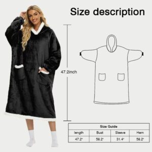 COTTEBED Black Sherpa Hoodie Women Wearable Blanket Men Hooded Sweater Blanket with Pockets Long Sleeve Blanket Robe Adult Comfy Thick Sweatshirt Throws Black