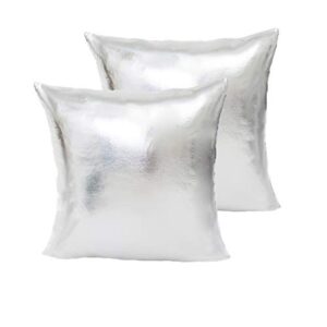 liizee pack of 2 decorative throw pillow covers modern metallic shiny cushion cover, faux leather soft square pillowcase for sofa/bed/party, 18 x 18 inch silver