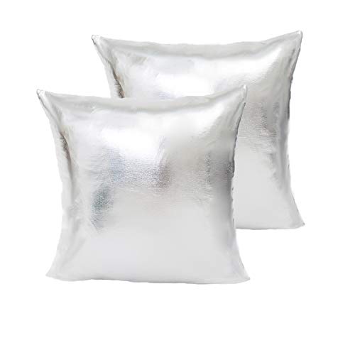 LiiZee Pack of 2 Decorative Throw Pillow Covers Modern Metallic Shiny Cushion Cover, Faux Leather Soft Square Pillowcase for Sofa/Bed/Party, 18 x 18 Inch Silver