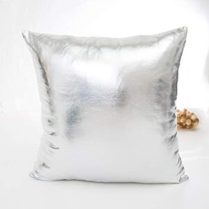 LiiZee Pack of 2 Decorative Throw Pillow Covers Modern Metallic Shiny Cushion Cover, Faux Leather Soft Square Pillowcase for Sofa/Bed/Party, 18 x 18 Inch Silver