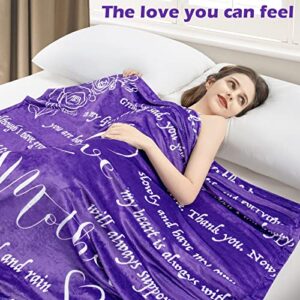 LBRO2M Gifts for Mom Blanket from Daughter or Son,I Love You MOM Gift Blankets for Mother,Happy Birthday Mom Gift Ideas,a Soft, Warm Throw Blanket,65"x 50"(Purple)