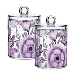 clear plastic jar set for cotton ball, cotton swab, cotton round pads, floss, purple flower and butterfly bathroom canisters storage organizer, vanity makeup organizer,2pack