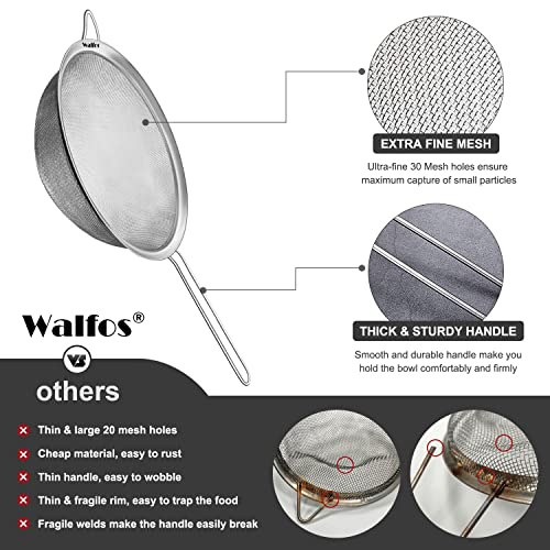 Walfos 9 Inch Large Fine Mesh Strainer, Kitchen Metal Food Strainers with Sturdy Handle, Stainless Steel 30 Mesh Sieve Sifters for Rice, Quinoa, Pasta, Fruits, Vegetables, etc.